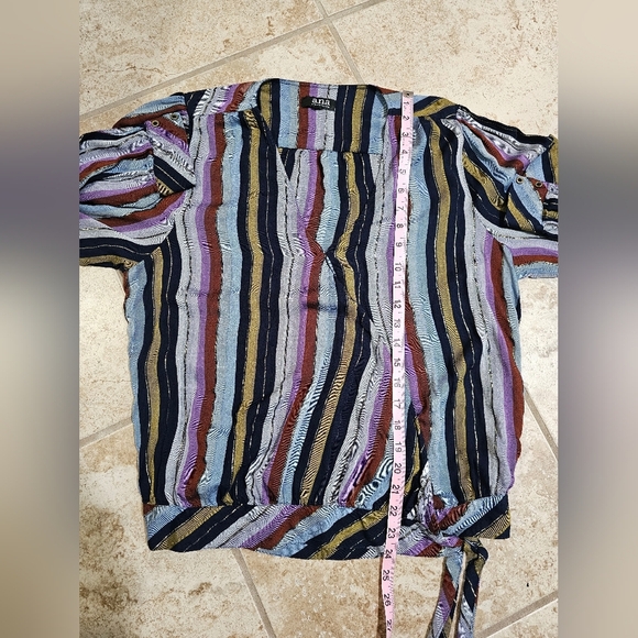 A.N.A. Blouse L Striped Wrap Tie Hem Long Sleeve Gold Thread V-Neck Boho Chic - Picture 7 of 7
